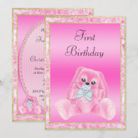 Cute Pink Floppy Ears Bunny First Birthday