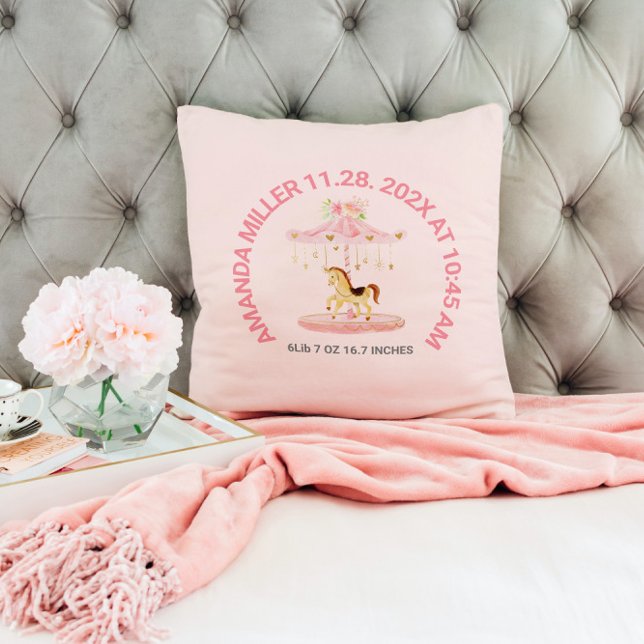 Cute pink floral baby Carousel Baby Birth Date Cushion (Creator Uploaded)
