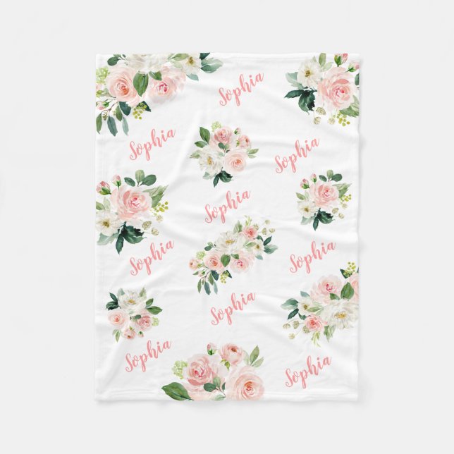 Cute Pink Floral Baby Girl Name Baby Blanket (Front)