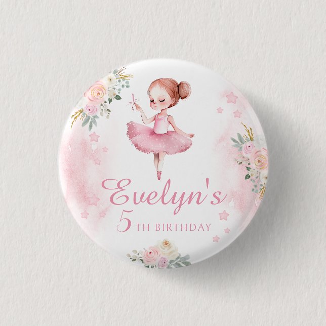 Cute pink floral ballerina birthday girl button (Front)