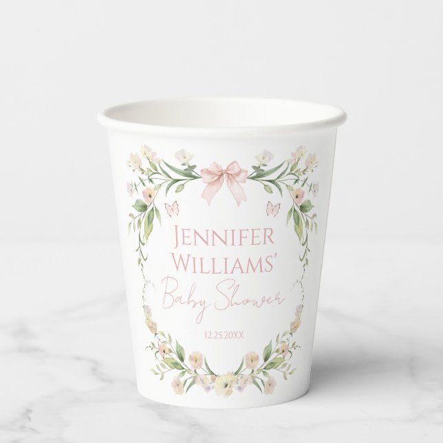 Cute Pink Floral Bow Boho Baby Girl Shower Paper Cups (Back)
