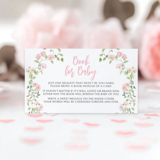 Cute Pink Floral Bow Book For Baby Girl Shower  Enclosure Card (Creator Uploaded)