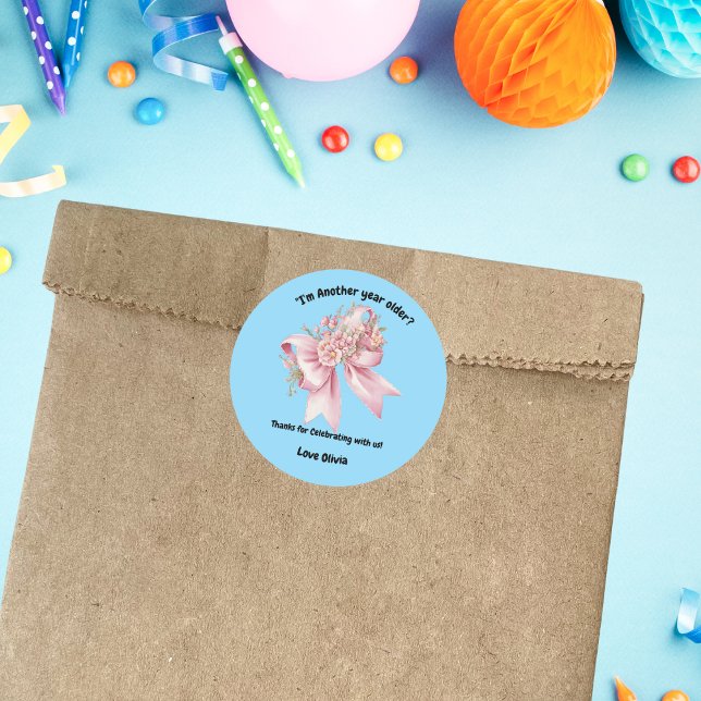 Cute Pink Floral Bow Girl Birthday  Classic Round Sticker (Creator Uploaded)