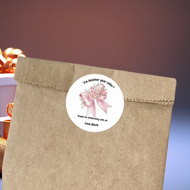 Cute Pink Floral Bow Girl Birthday Classic Round Sticker (Creator Uploaded)
