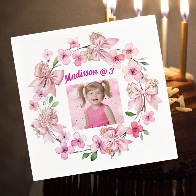 Cute Pink Floral Bow Girl Photo Birthday Party Napkin (Creator Uploaded)