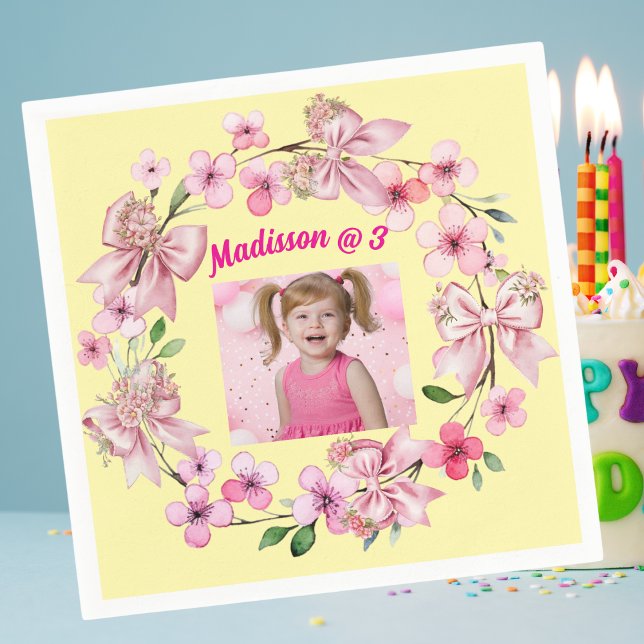 Cute Pink Floral Bow Girl Photo Birthday Party Napkin (Creator Uploaded)