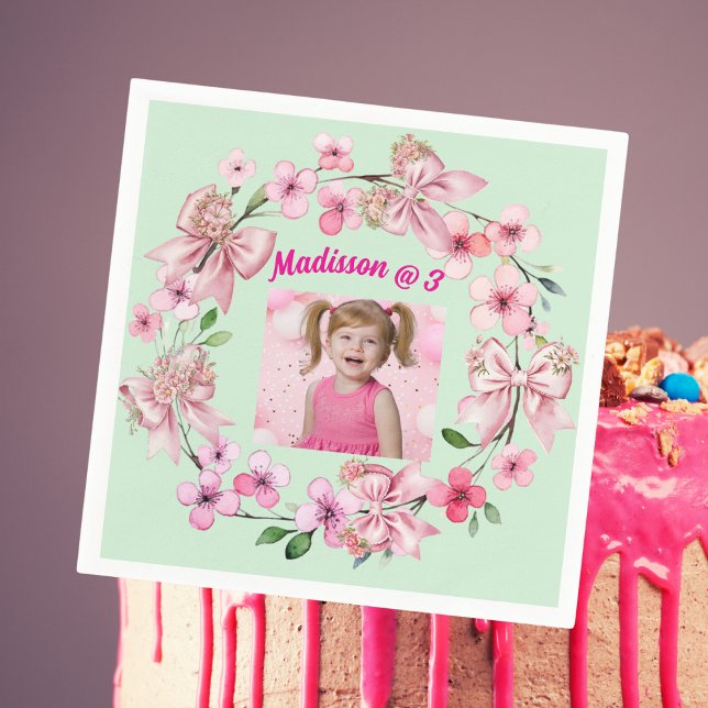 Cute Pink Floral Bow Girl Photo Birthday Party Napkin (Creator Uploaded)