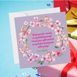 Cute Pink Floral Bow Girl Photo Birthday  Thank You Card
