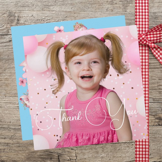 Cute Pink Floral Bow Girl Photo Birthday  Thank You Card (Creator Uploaded)