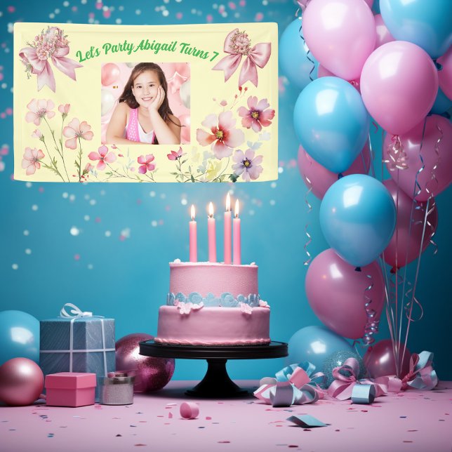 Cute Pink Floral Bow Girly Photo Birthday Banner (Creator Uploaded)