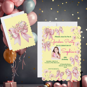  Cute Pink Floral Bow Girly Photo Birthday  Invitation