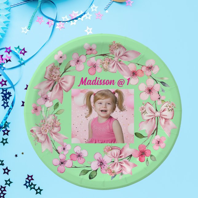 Cute Pink Floral Bow Photo 1st Birthday Party Paper Plate (Creator Uploaded)