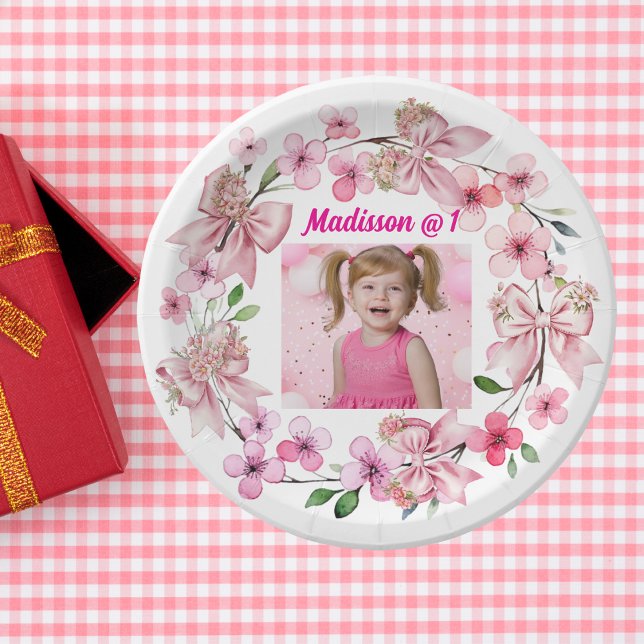 Cute Pink Floral Bow Photo 1st Birthday Party Paper Plate (Creator Uploaded)