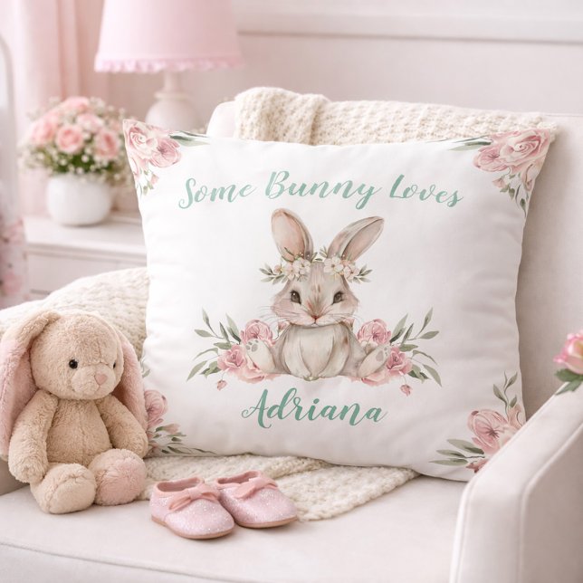 Cute Pink Floral Bunny Baby Girl Nursery Cushion (Cute Pink Floral Bunny Baby Girl Nursery Throw Pillow)