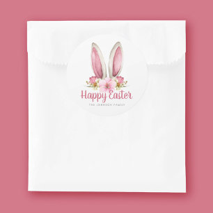 Cute Pink Floral Bunny Ears Happy Easter Classic Round Sticker