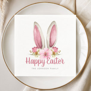 Cute Pink Floral Bunny Ears Happy Easter Napkin