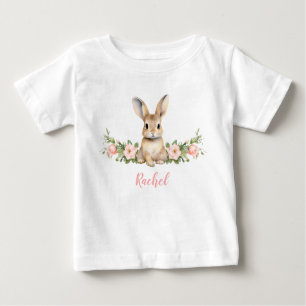 Cute Pink Floral Bunny Girl 1st Birthday Baby T-Shirt