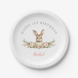 Cute Pink Floral Bunny Girl 1st Birthday Paper Plate