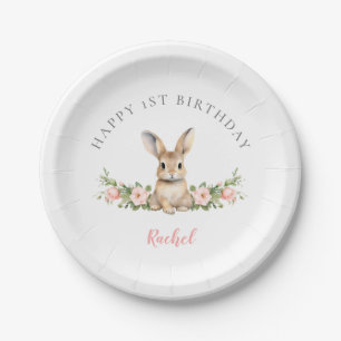 Cute Pink Floral Bunny Girl 1st Birthday Paper Plate