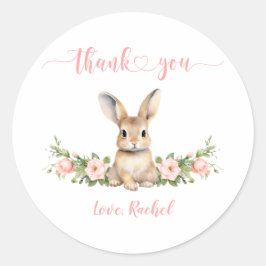 Cute Pink Floral Bunny Girl 1st Birthday Thank You Classic Round Sticker