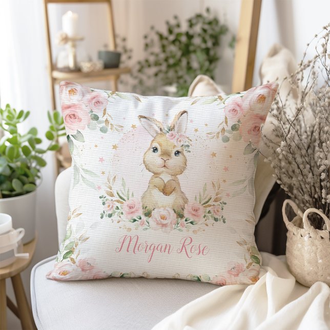 Cute Pink Floral Bunny Rabbit Baby Girl Nursery Cushion (Creator Uploaded)