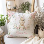 Cute Pink Floral Bunny Rabbit Baby Girl Nursery Cushion<br><div class="desc">This elegant design features a cute baby bunny adorned with gorgeous pink florals and watercolor greenery wreath</div>