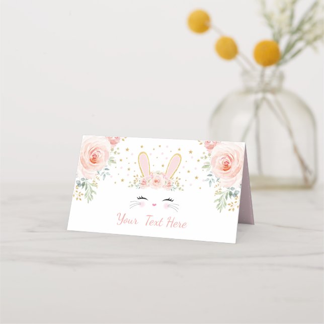 Cute Pink Floral Bunny Rabbit Baby Shower Birthday Place Card (Front)