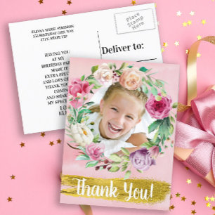 Cute Pink Floral Child's Birthday Photo Thank You Postcard