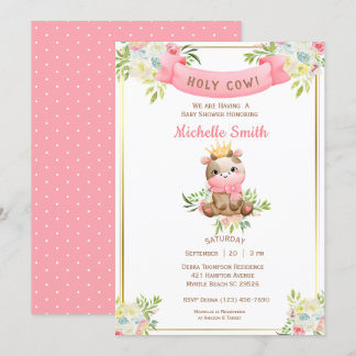 Cute Pink Floral Cow Baby Shower Invitation