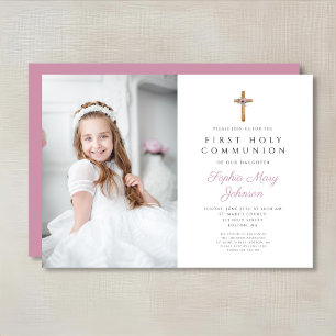Cute Pink Floral Cross Photo Girl First Communion Invitation