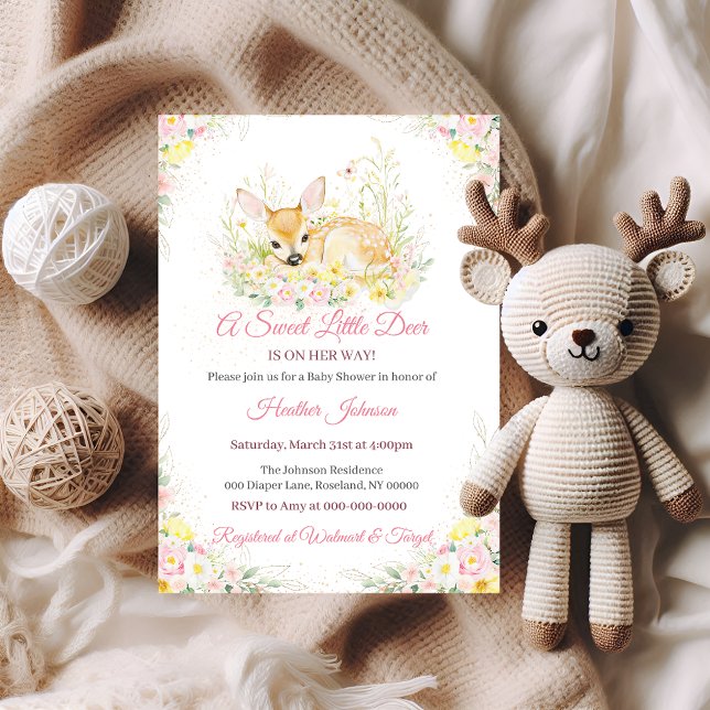 Cute Pink Floral Deer Baby Shower Invitation (Creator Uploaded)