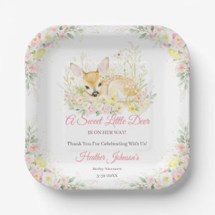 Cute Pink Floral Deer Baby Shower Paper Plate