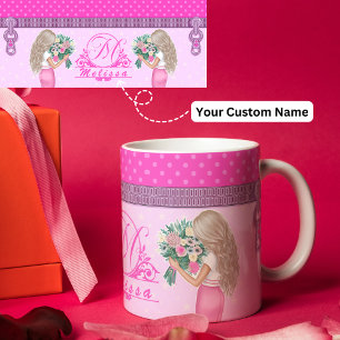 Cute pink floral design elegant monogrammed mug