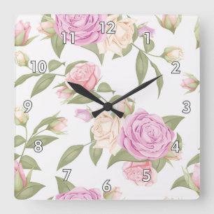 Cute Pink Floral Drawing Square Wall Clock