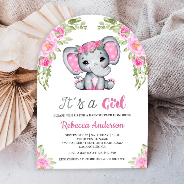 Cute Pink Floral Elephant Arch Baby Shower Invitation (Creator Uploaded)