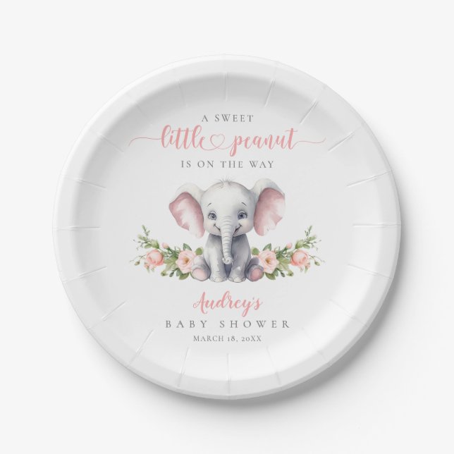Cute Pink Floral Elephant Baby Girl Shower Paper Plate (Front)