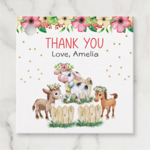 Cute Pink Floral Farm Animals Thank You Favour Tags