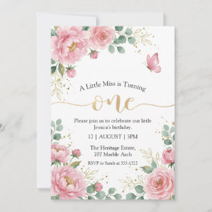 Cute Pink Floral First Girl Birthday Invitation