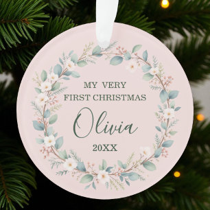 Cute Pink Floral Frame Baby’s First Christmas Ornament