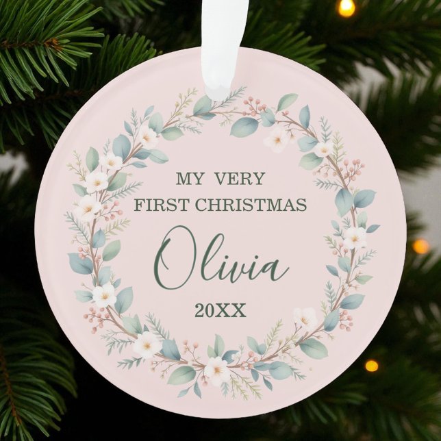 Cute Pink Floral Frame Baby’s First Christmas Ornament (Creator Uploaded)