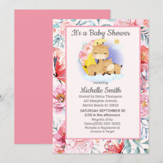 Cute Pink Floral Giraffe Mum Baby Shower Invitation