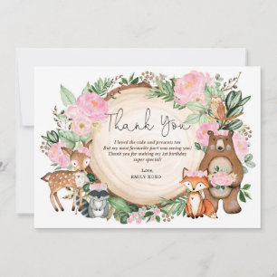 Cute Pink Floral Girl Woodland Birthday Thank You Card