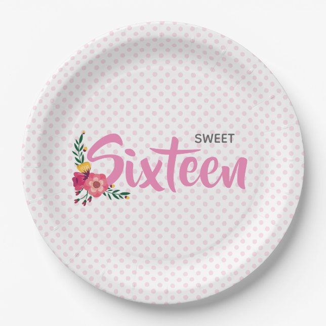 Cute Pink Floral Girl's Sweet Sixteen Birthday Paper Plate (Front)