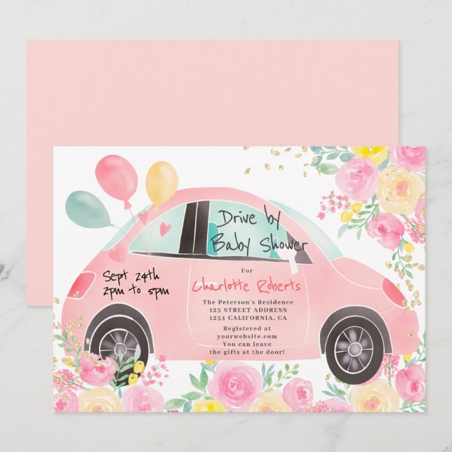 Cute pink floral gold car drive by baby shower invitation (Front/Back)