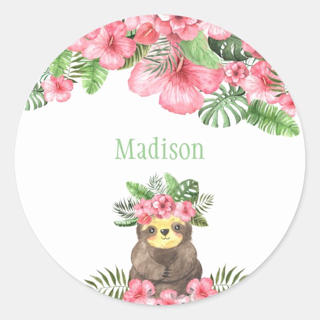 Cute Pink Floral Hawaiian Sloth Animal Name Classic Round Sticker (Front)