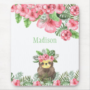 Cute Pink Floral Hawaiian Sloth Animal Name Mouse Pad