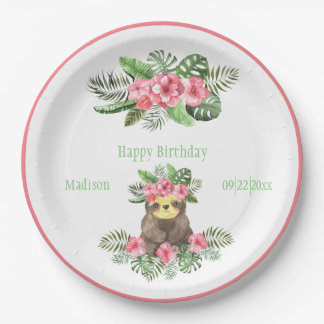 Cute Pink Floral Hawaiian Sloth Animal Name Paper Plate