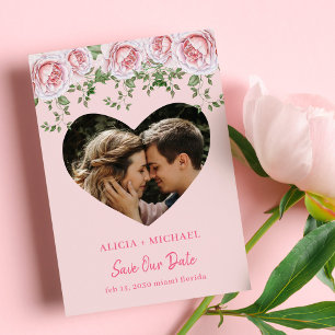 Cute pink floral heart photo wedding save the date