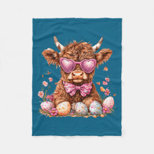 Cute pink floral highland cow coquette bow easter fleece blanket