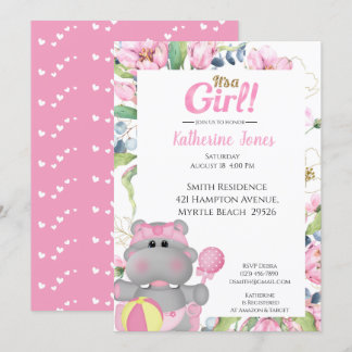 Cute Pink Floral Hippo Baby Shower Invitation